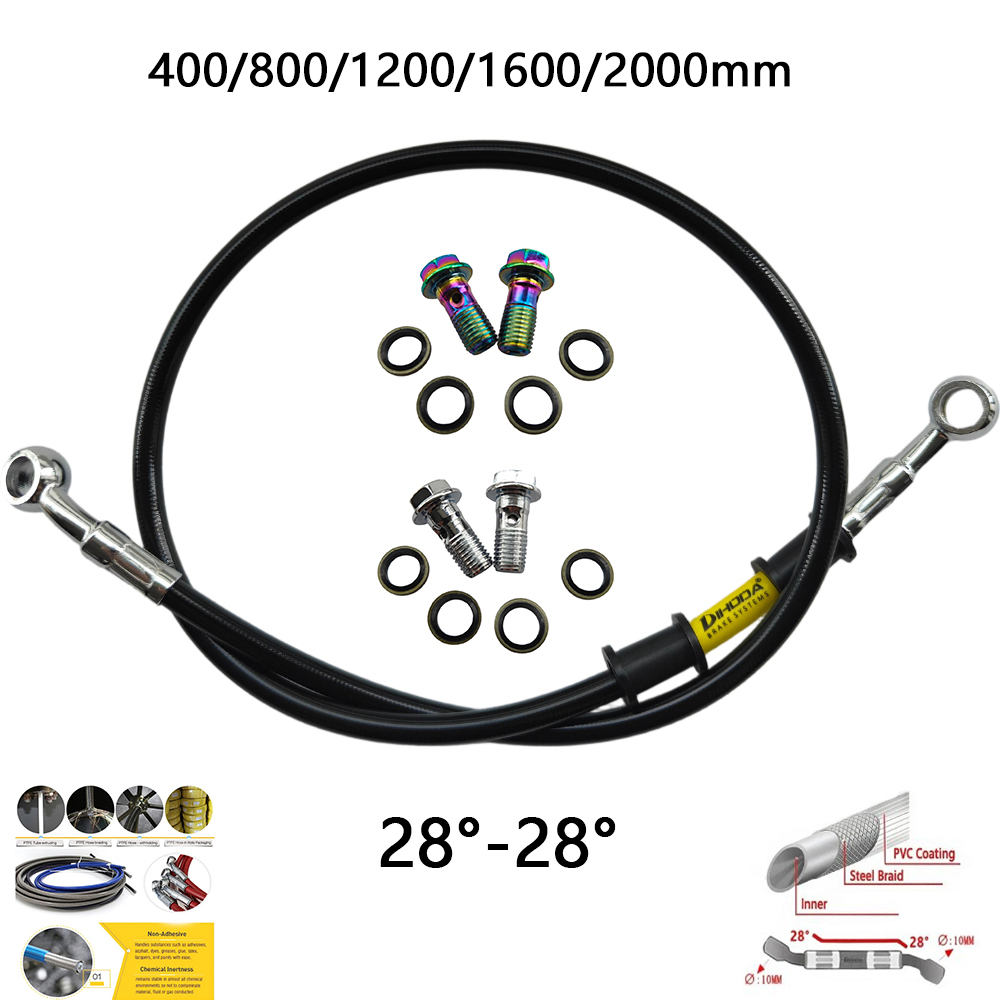Brake Line Motorcycle - 28 ° -28 ° 黒色編組ステンレス鋼M10バンジョーボルト40/60/80/160/200cmオートバイ油圧ブレーキラインオイルホースパイプセット